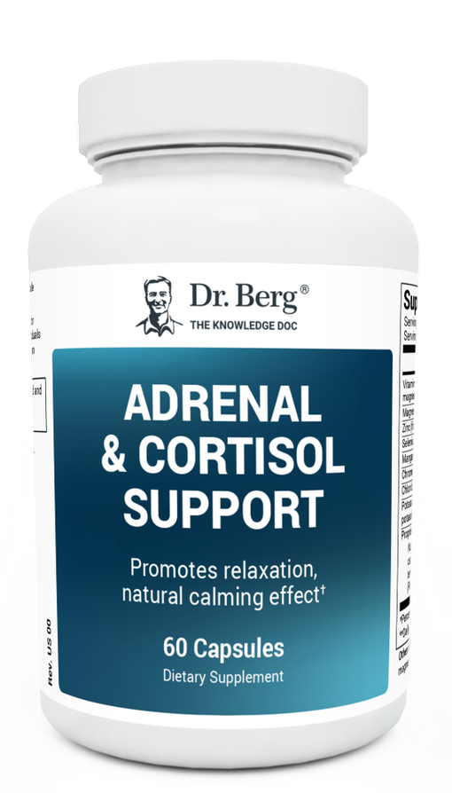 Adrenal and Cortisol Support, 60 capsules, front view, bottle with Dr. Berg branding.