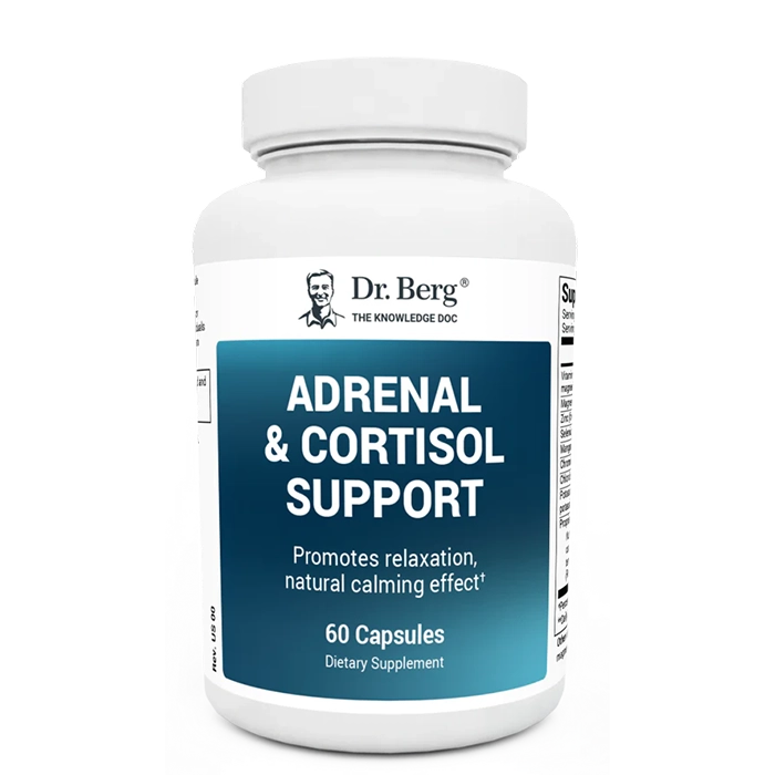 Adrenal and Cortisol Support, 60 capsules, front view, bottle with Dr. Berg branding.