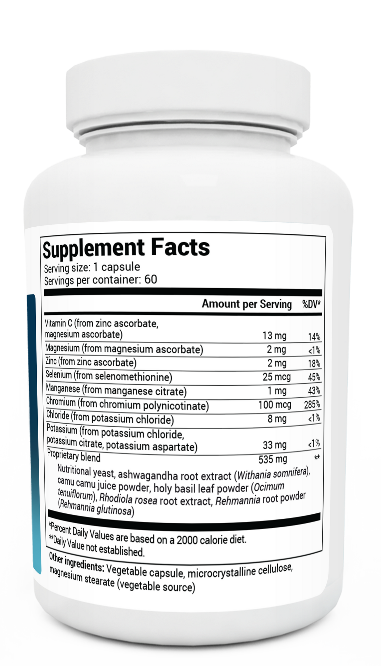 Adrenal and Cortisol Support bottle label, right side view, supplement facts. 