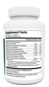 Adrenal and Cortisol Support bottle label, right side view, supplement facts. 