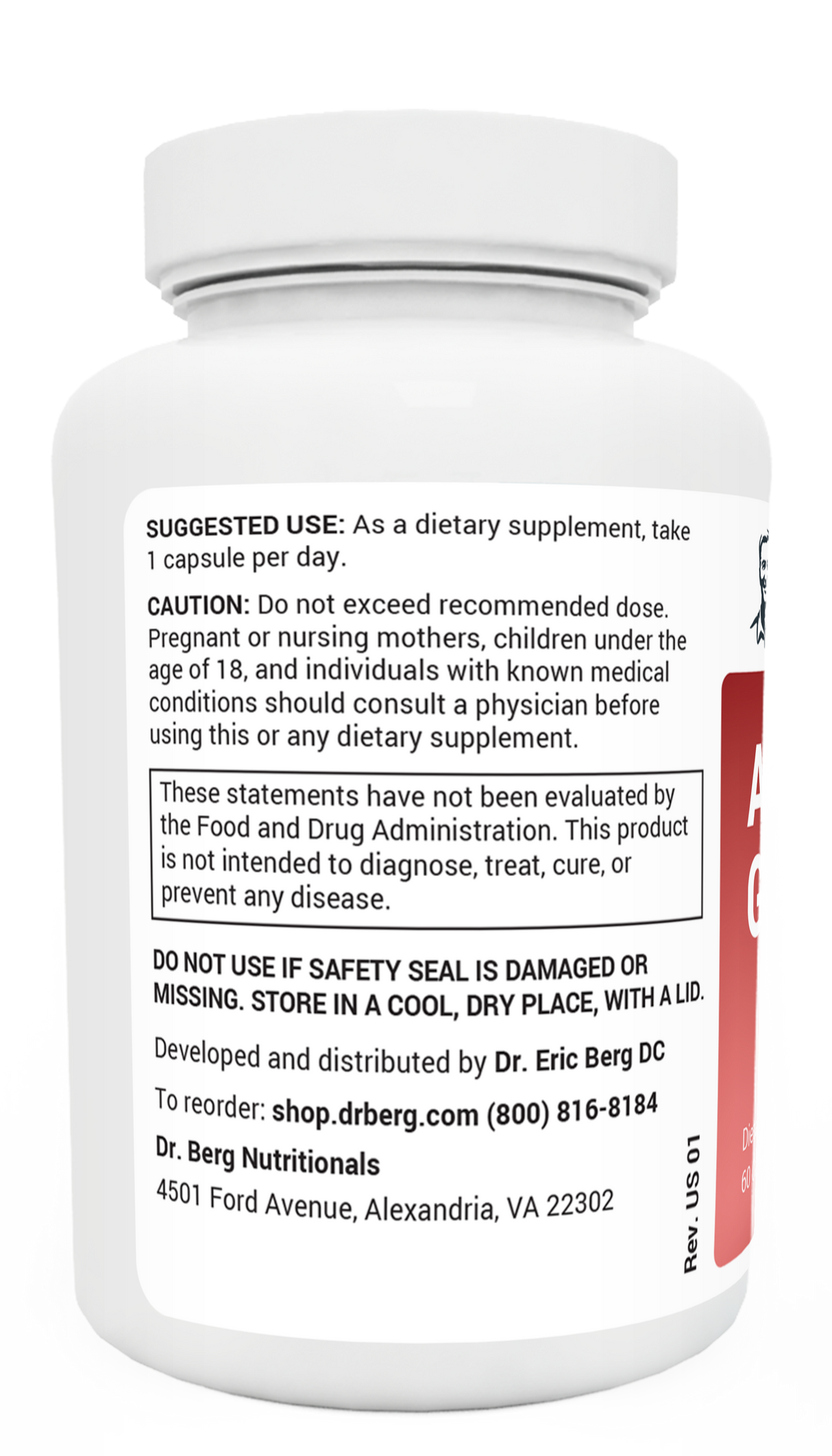 Adrenal Glandular bottle label, right side view, supplement facts. 