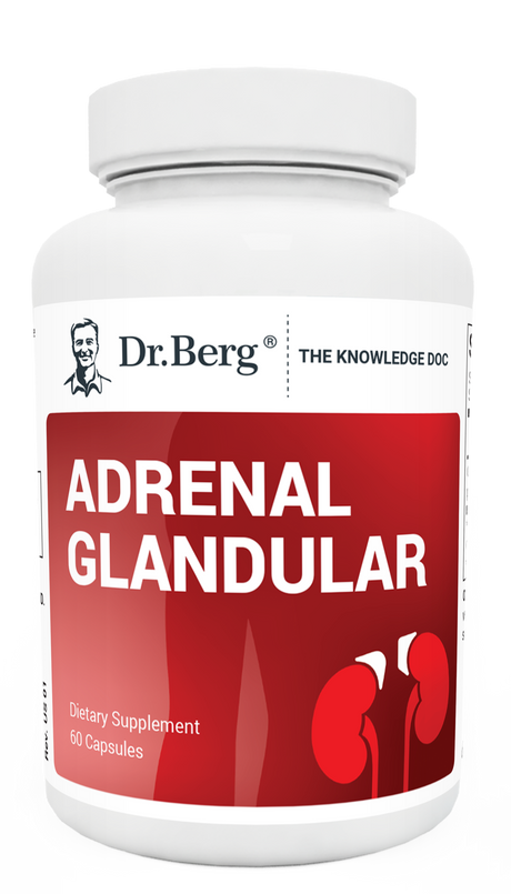 Adrenal Glandular, 60 capsules, front view, bottle with Dr. Berg branding and adrenal gland on cover.