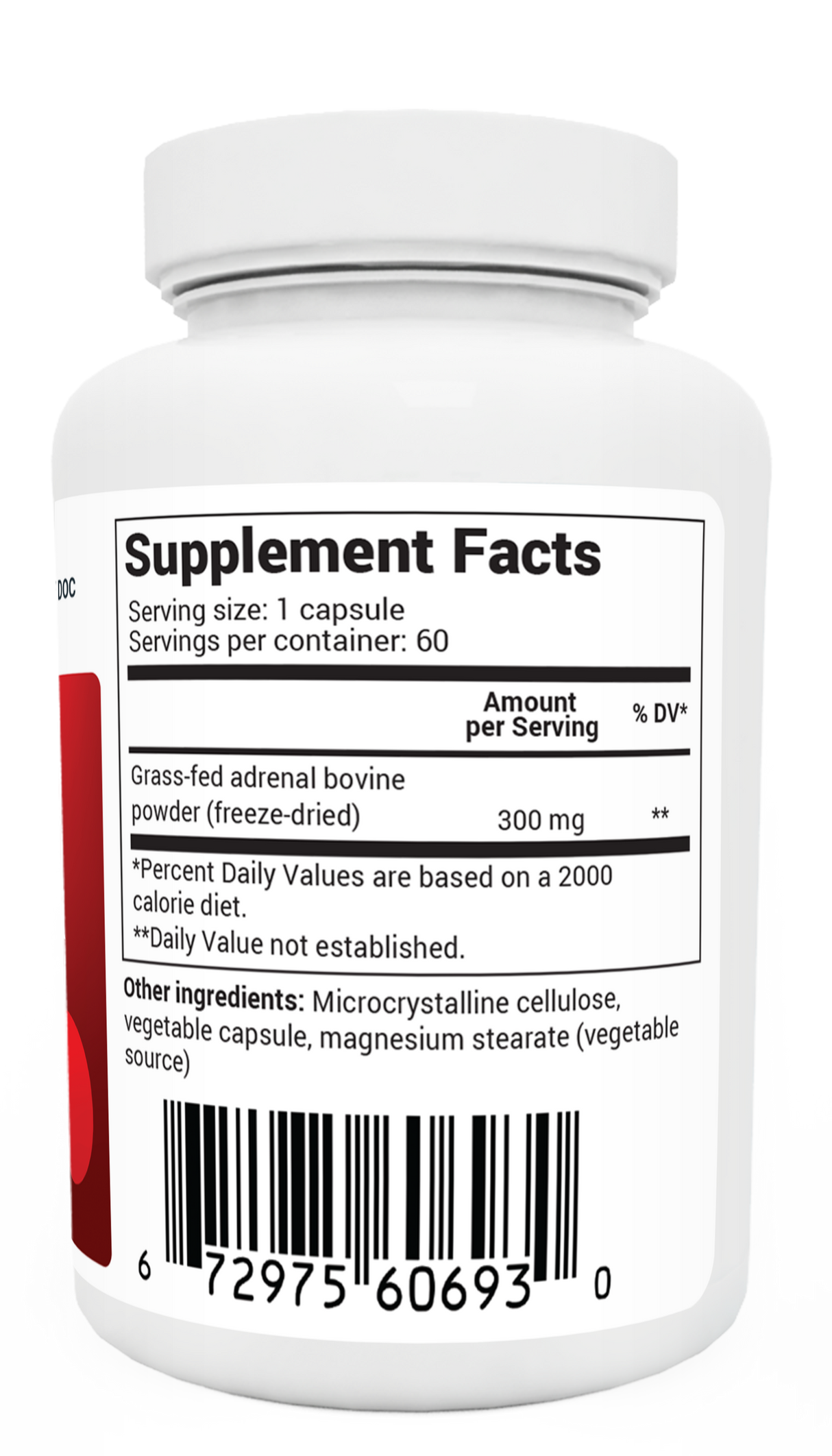 Adrenal Glandular bottle label, left side view, suggested use instructions, safety warning details.