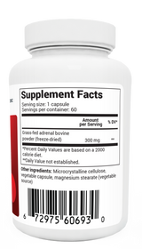 Adrenal Glandular bottle label, left side view, suggested use instructions, safety warning details.