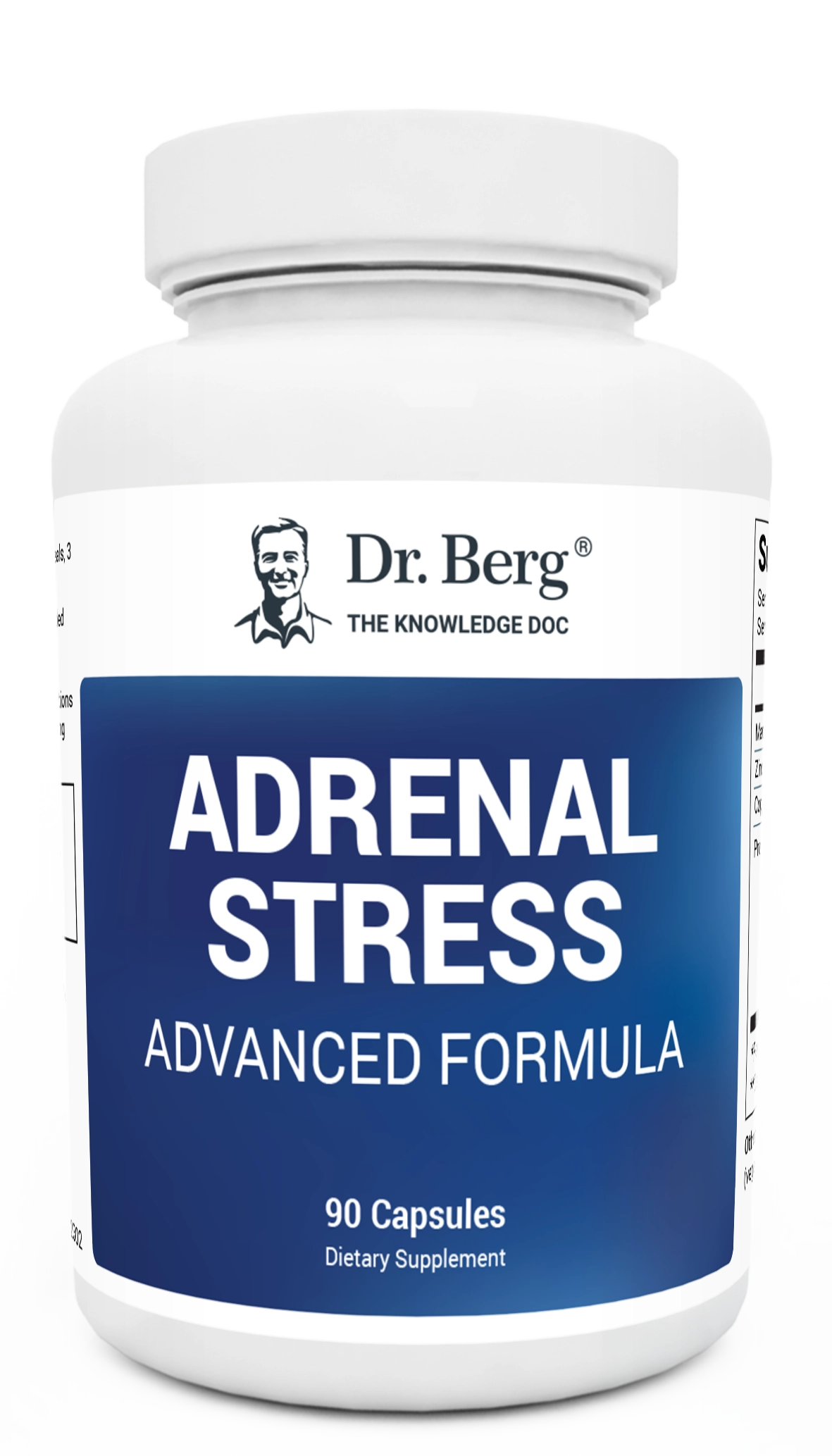 Adrenal Stress Advanced Formula, 90 capsules, front view, bottle with Dr. Berg branding.