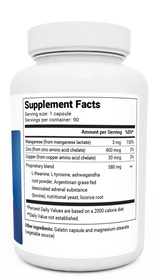 Adrenal Stress Advanced Formula bottle label, right side view, supplement facts. 