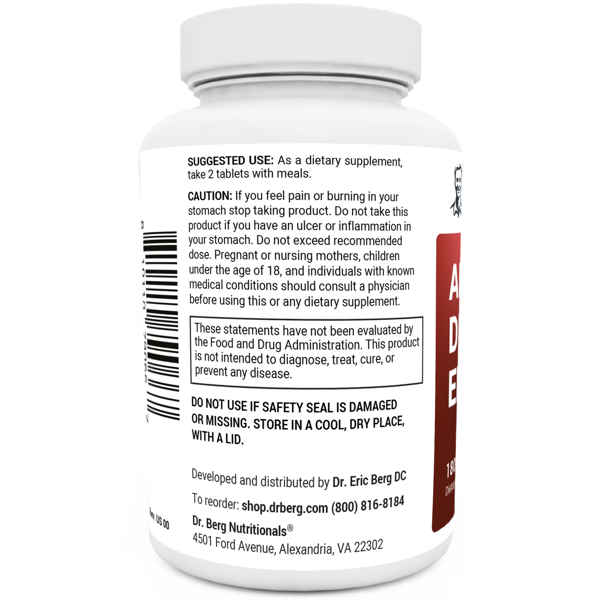 Advanced Digestive Enzymes bottle label, left side view, suggested use instructions, safety warning details.