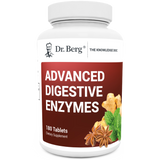 Advanced Digestive Enzymes, 180 tablets, front view, bottle with Dr. Berg branding, ginger roots, peppermint leaves, and anise plants on the cover.