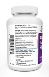 Advanced Immune Support bottle label, left side view, suggested use instructions, safety warning details. 