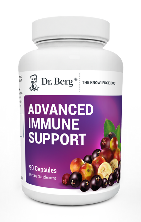 Advanced Immune Support, 90 capsules, front view, bottle with Dr. Berg branding and elderberries on the cover.