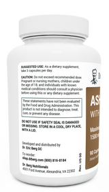 Ashwagandha bottle label, left side view, suggested use instructions, safety warning details.