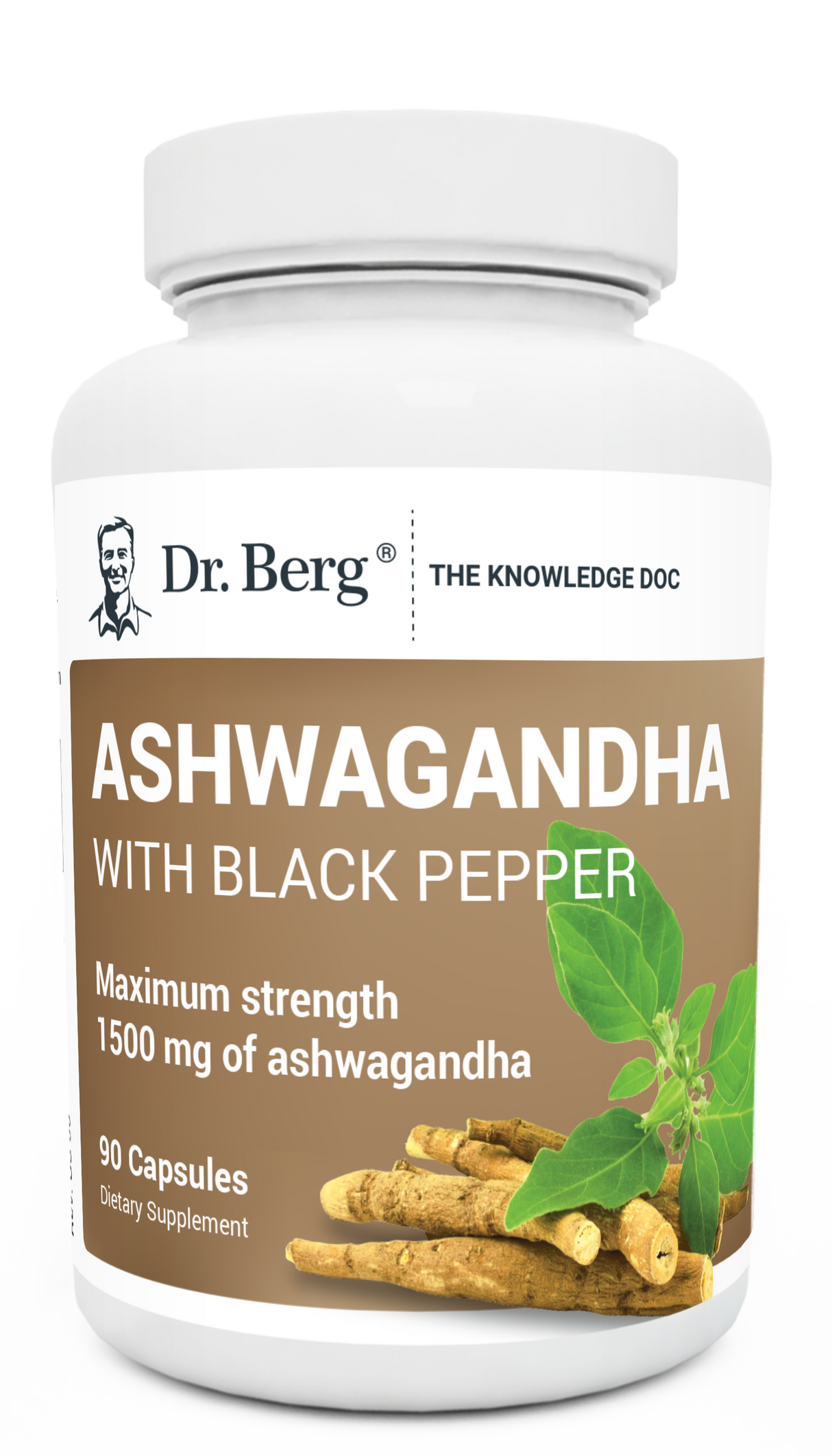 Ashwagandha with Black Pepper, 90 capsules, front view, bottle with Dr. Berg branding and ashwagandha plant on the cover.