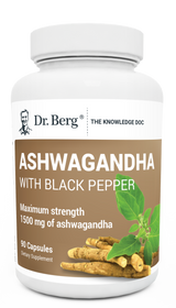 Ashwagandha with Black Pepper, 90 capsules, front view, bottle with Dr. Berg branding and ashwagandha plant on the cover.