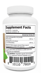 Ashwagandha bottle label, right side view, supplement facts. 