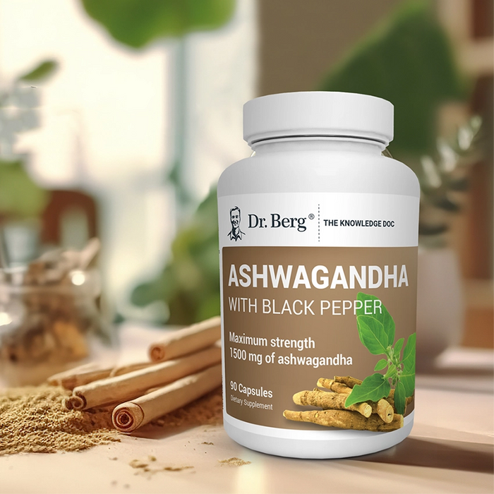 Dr. Berg's Ashwagandha with Bioperine (Black Pepper) bottle showing front label with ashwagandha root.