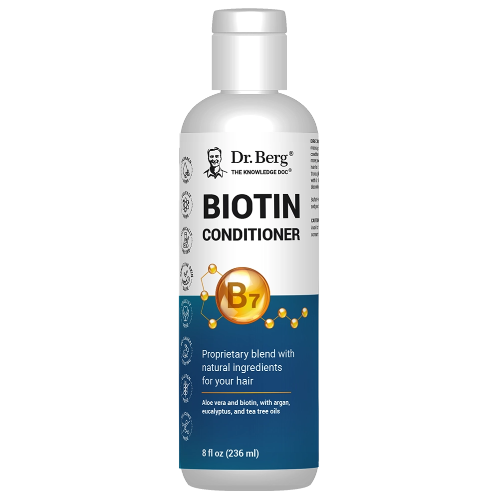 Biotin Conditioner, 8 fluid ounces, front view, bottle with Dr. Berg branding. 