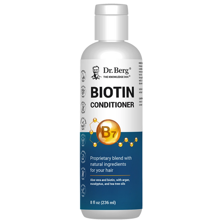 Biotin Conditioner, 8 fluid ounces, front view, bottle with Dr. Berg branding. 