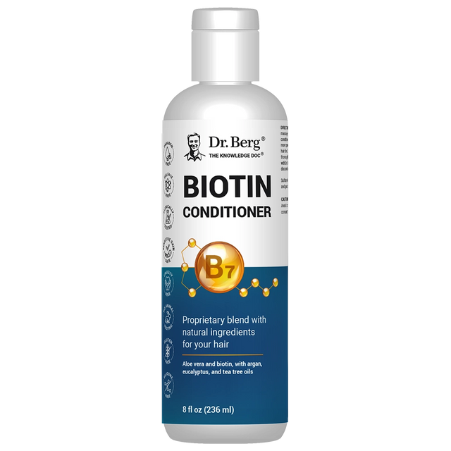 Biotin Conditioner, 8 fluid ounces, front view, bottle with Dr. Berg branding. 