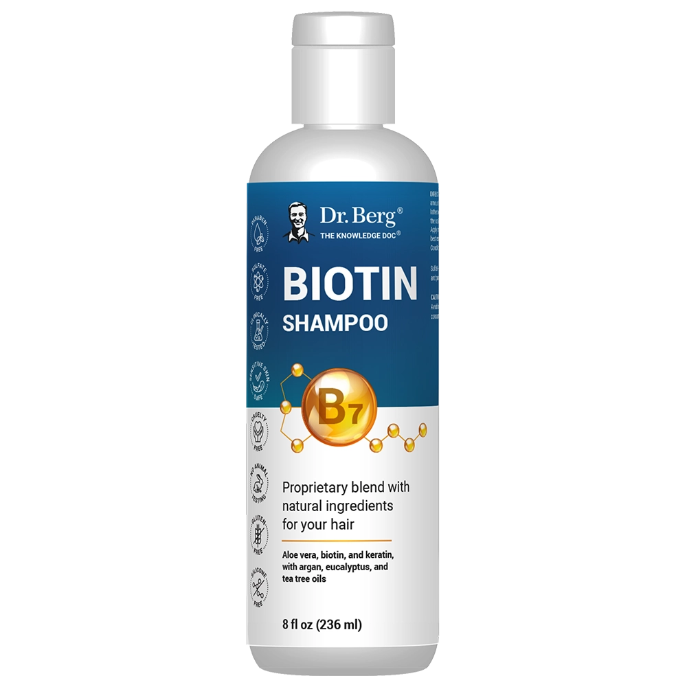 Biotin Shampoo, 8 fluid ounces, front view, bottle with Dr. Berg branding. 