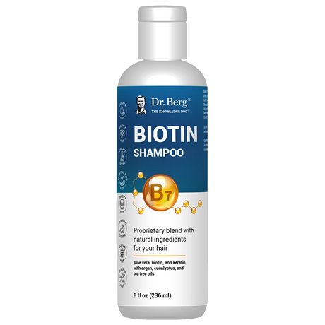 Biotin Shampoo, 8 fluid ounces, front view, bottle with Dr. Berg branding. 