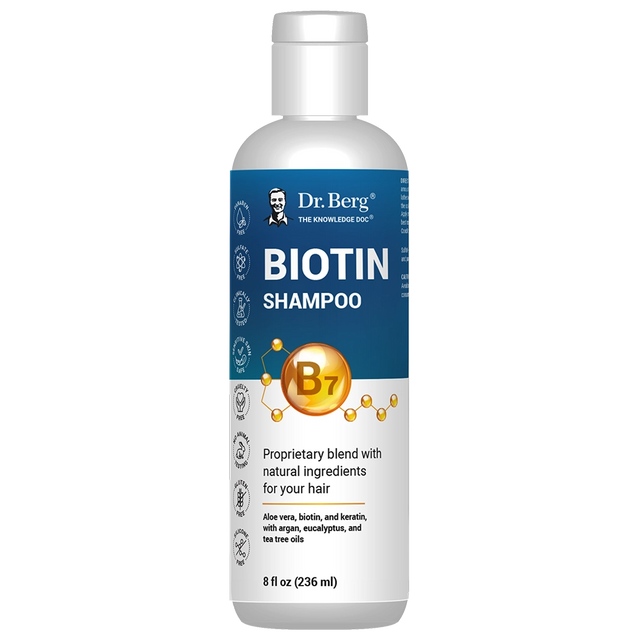 Biotin Shampoo, 8 fluid ounces, front view, bottle with Dr. Berg branding. 