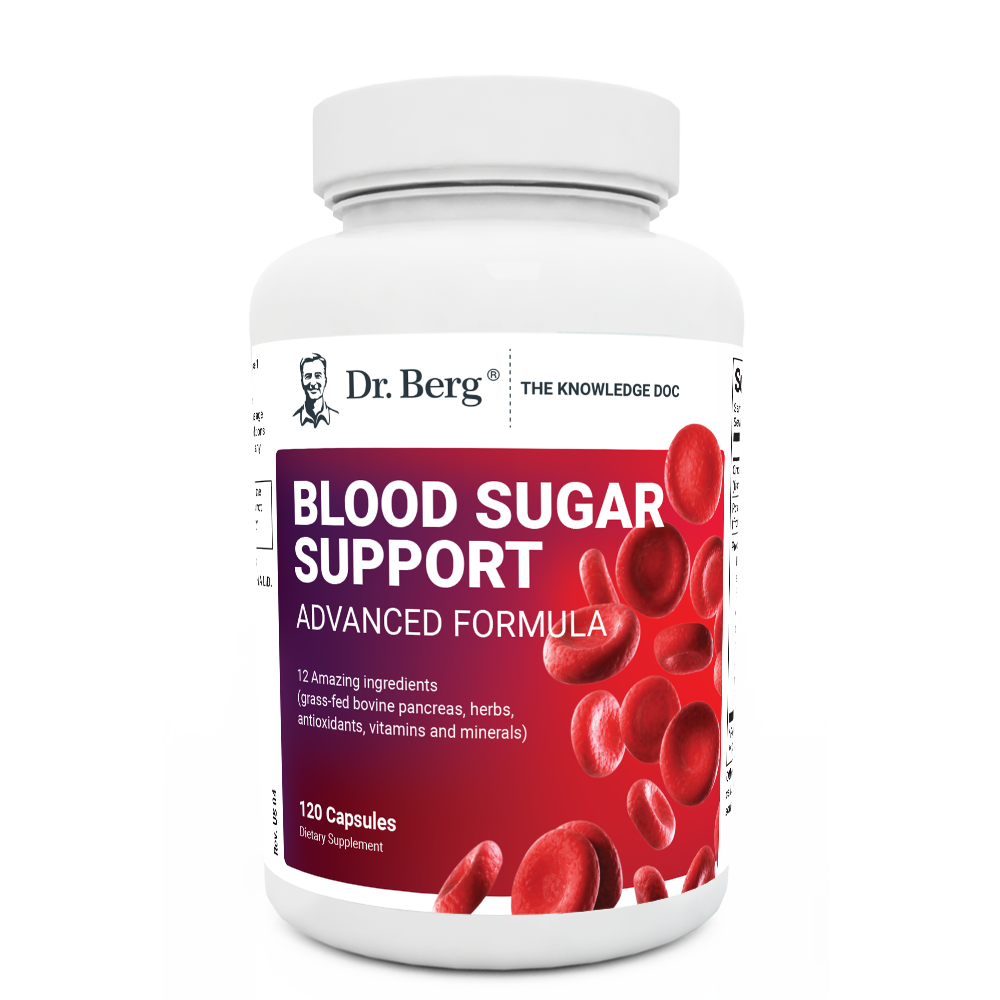 Blood Sugar Support Advanced Formula, 120 capsules, front view, bottle with Dr. Berg branding and blood cells on the cover.