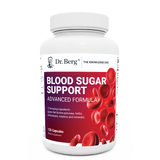 Blood Sugar Support Advanced Formula, 120 capsules, front view, bottle with Dr. Berg branding and blood cells on the cover.