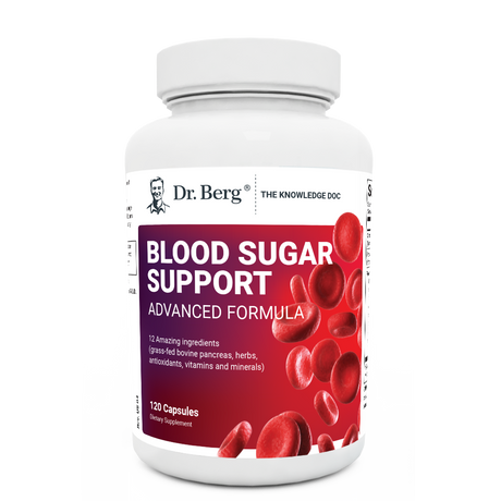 Blood Sugar Support Advanced Formula, 120 capsules, front view, bottle with Dr. Berg branding and blood cells on the cover.