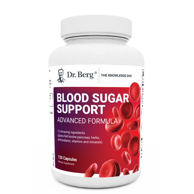 Blood Sugar Support Advanced Formula, 120 capsules, front view, bottle with Dr. Berg branding and blood cells on the cover.