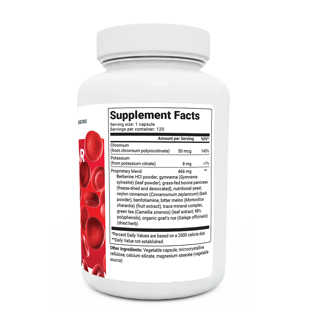 Blood Sugar Support Advanced Formula bottle label, right side view, supplement facts. 