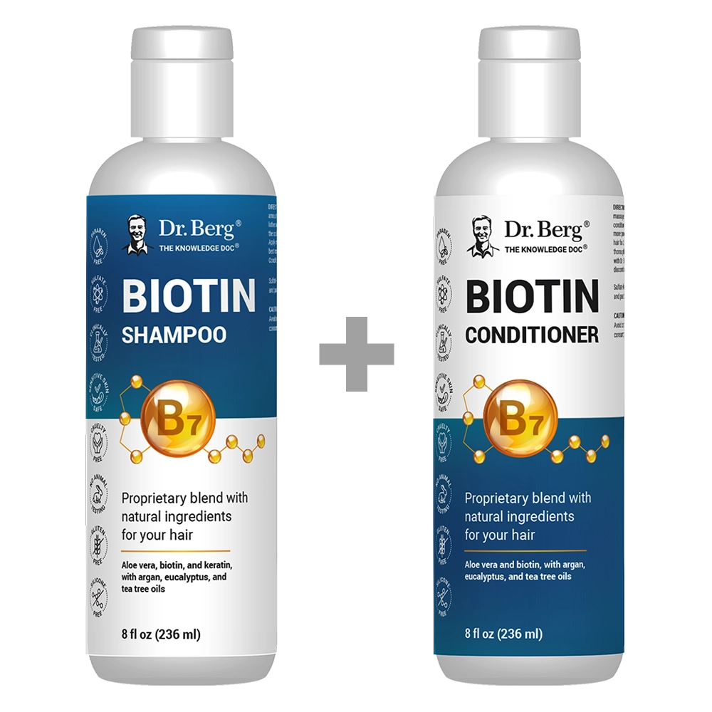 Biotin Shampoo and Conditioner Set, sulfate-free, two 8 fluid ounce bottles, front view, bottle with Dr. Berg branding.