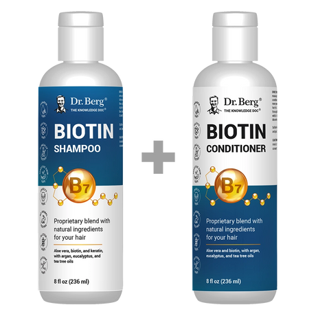 Biotin Shampoo and Conditioner Set, sulfate-free, two 8 fluid ounce bottles, front view, bottle with Dr. Berg branding.