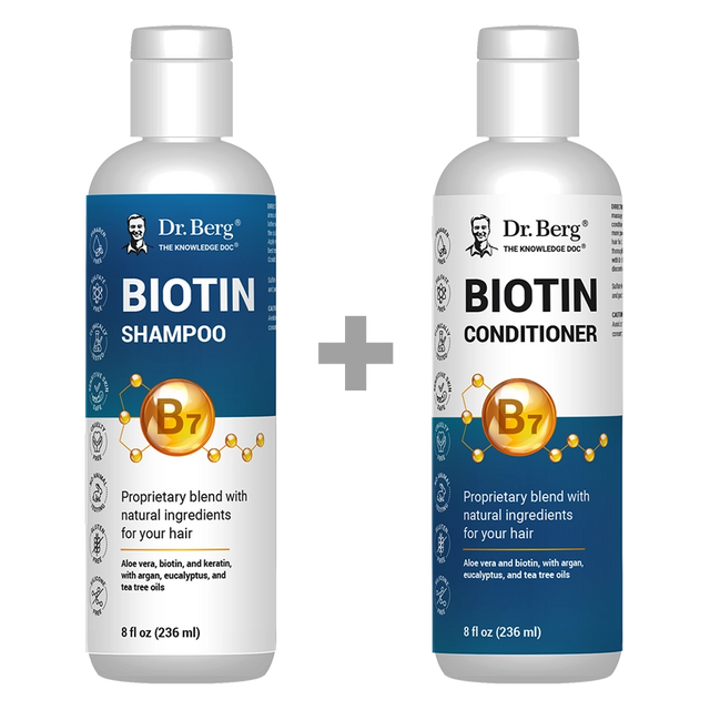 Biotin Shampoo and Conditioner Set, sulfate-free, two 8 fluid ounce bottles, front view, bottle with Dr. Berg branding.