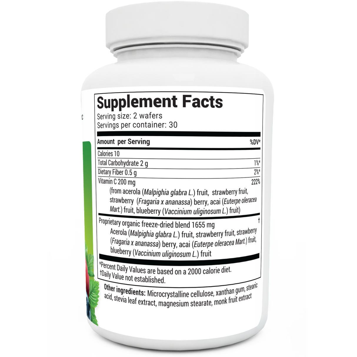 Chewable Vitamin C Complex bottle label, right side view, supplement facts. 