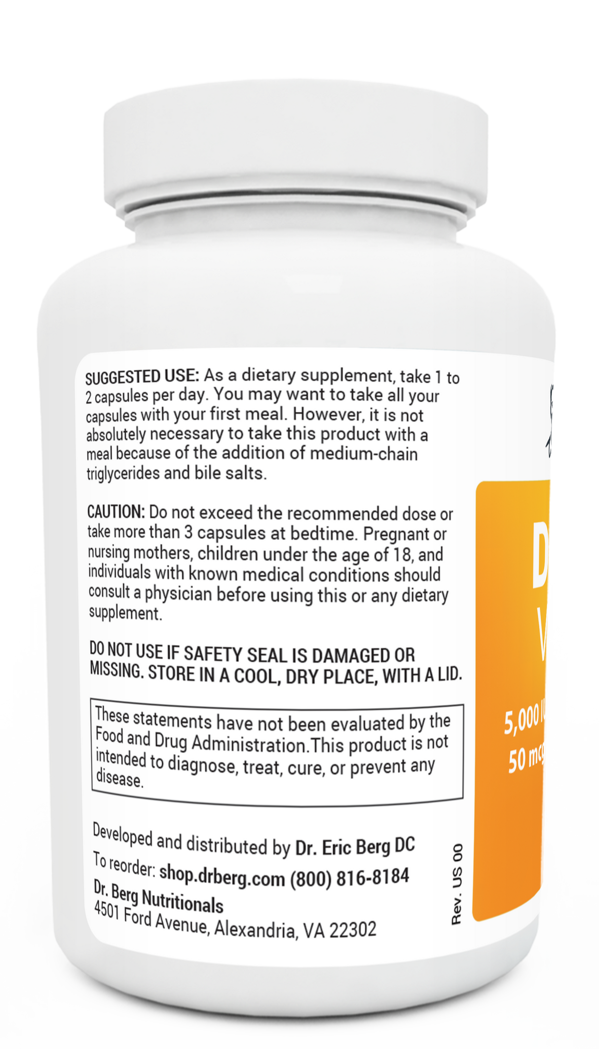 D3 and K2 Vitamin 5,000 IU bottle label, left side view, suggested use instructions, safety warning details. 