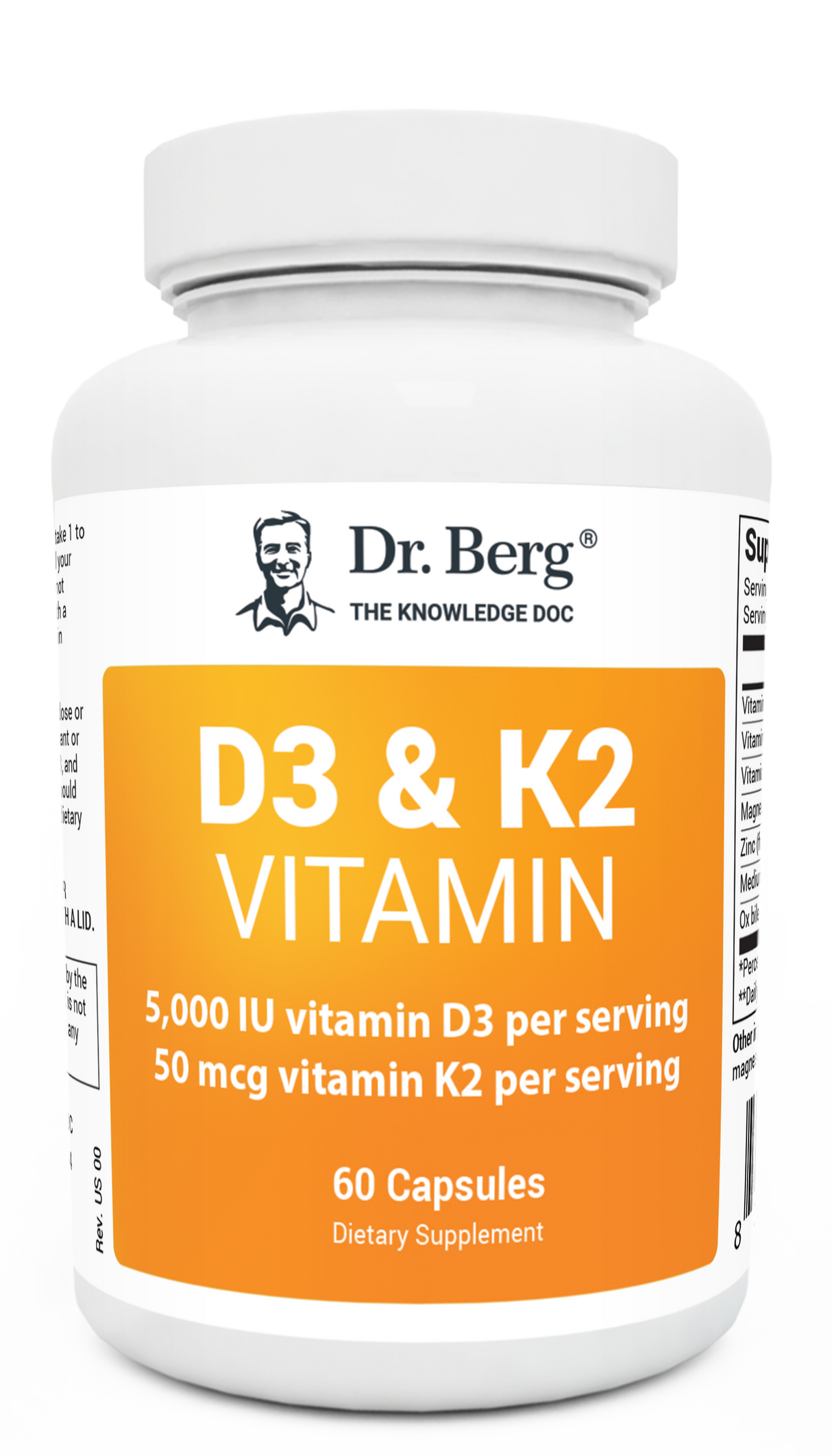 D3 and K2 Vitamin 5,000 IU, 60 capsules, front view, bottle with Dr. Berg branding. 