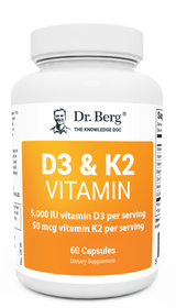 D3 and K2 Vitamin 5,000 IU, 60 capsules, front view, bottle with Dr. Berg branding. 