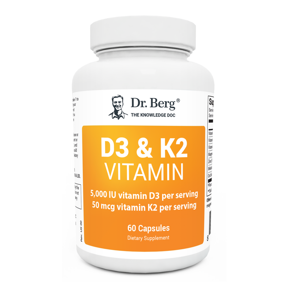 D3 and K2 Vitamin 5,000 IU, 60 capsules, front view, bottle with Dr. Berg branding. 