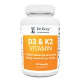 D3 and K2 Vitamin 5,000 IU, 60 capsules, front view, bottle with Dr. Berg branding. 