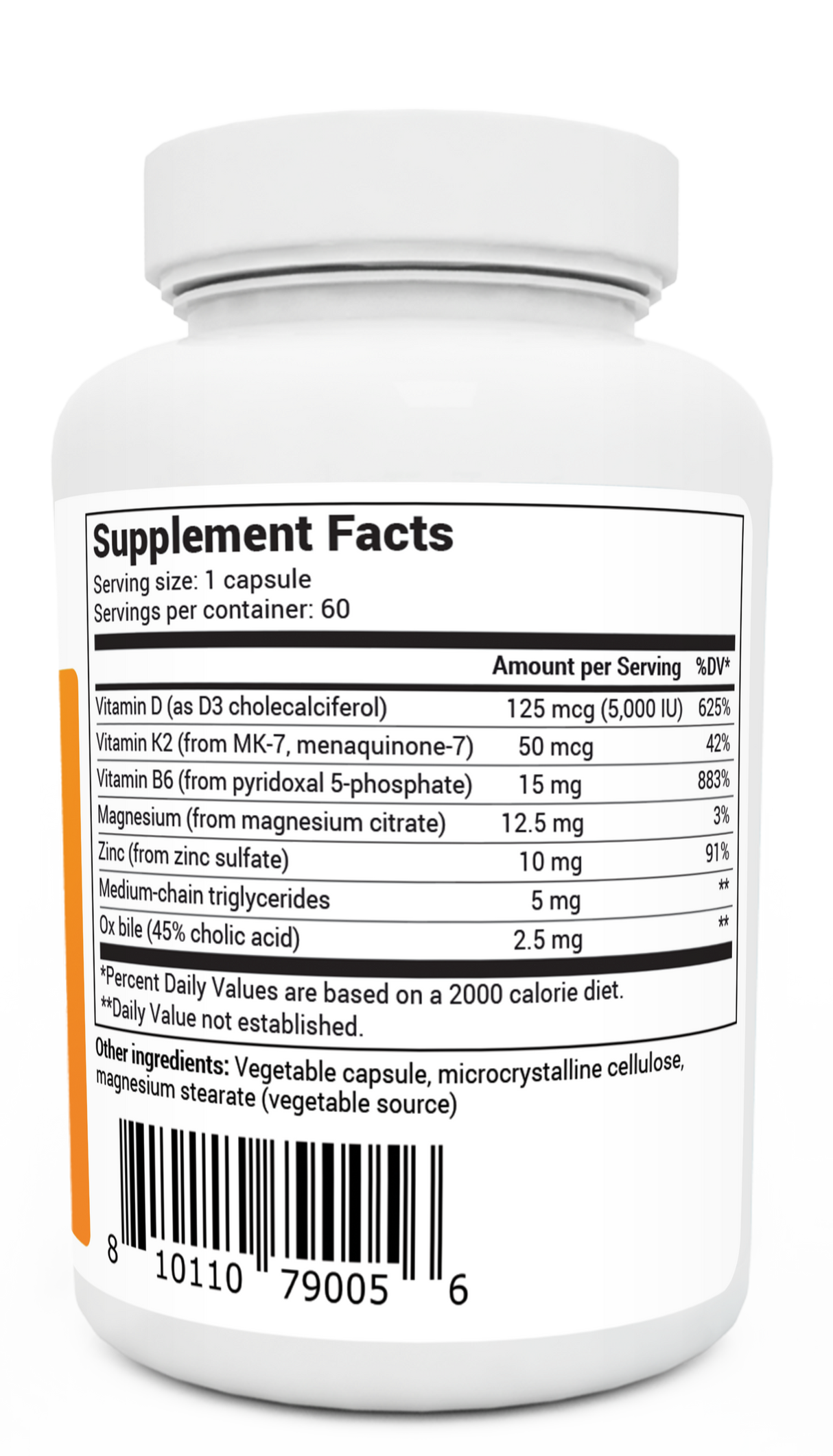 D3 and K2 Vitamin  5,000 IU bottle label, right side view, supplement facts. 