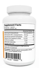 D3 and K2 Vitamin  5,000 IU bottle label, right side view, supplement facts. 