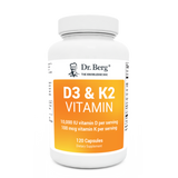 D3 and K2 Vitamin 10,000 IU, 120 capsules, front view, bottle with Dr. Berg branding. 