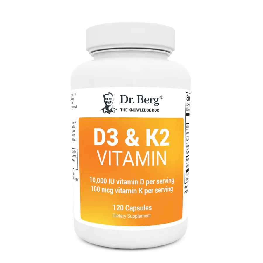 D3 and K2 Vitamin 5,000 IU, 60 capsules, front view, bottle with Dr. Berg branding.