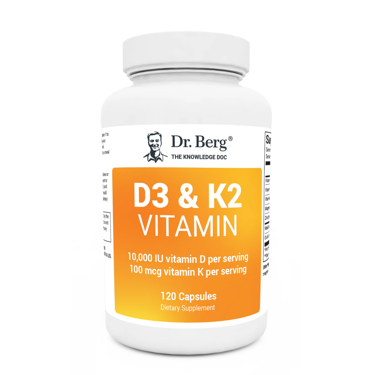 D3 and K2 Vitamin 10,000 IU, 120 capsules, front view, bottle with Dr. Berg branding.