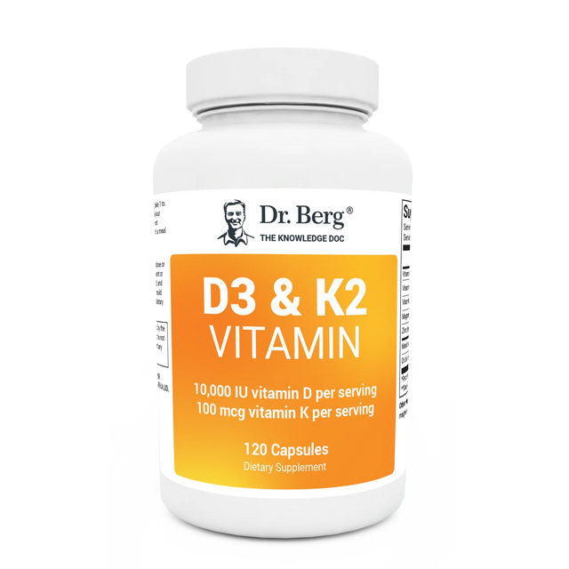 D3 and K2 Vitamin 10,000 IU, 120 capsules, front view, bottle with Dr. Berg branding.