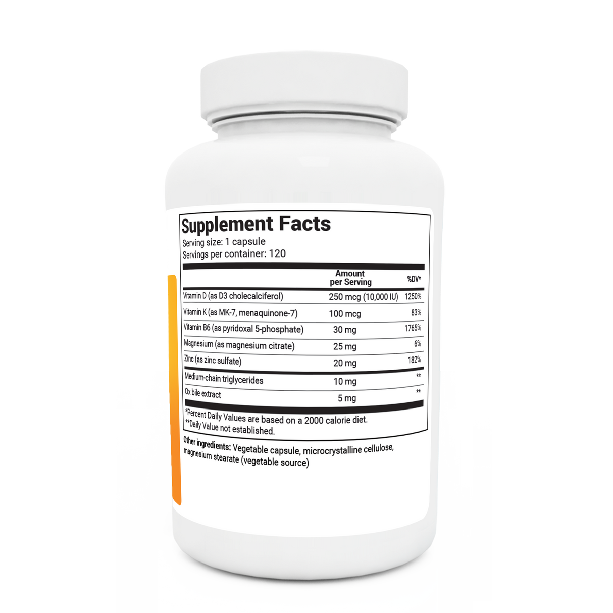 D3 and K2 Vitamin 10,000 IU bottle label, right side view, supplement facts. 