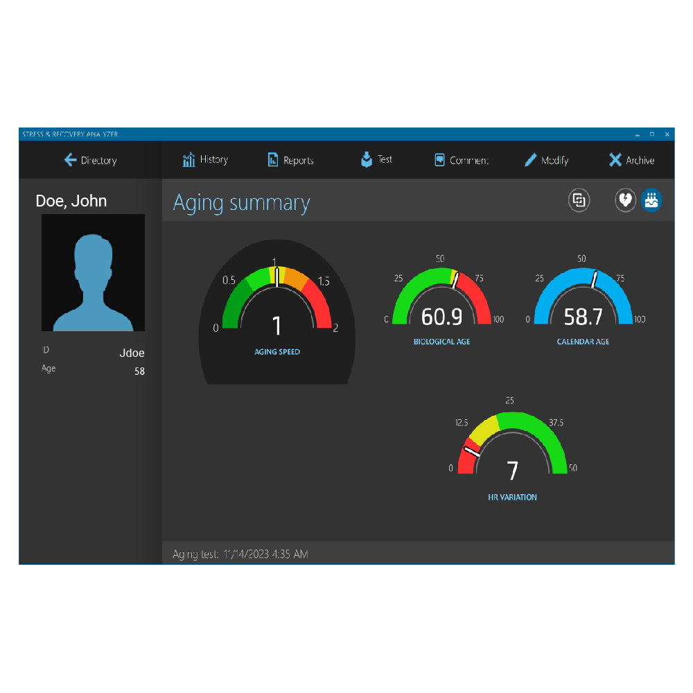 Aging Summary Dashboard from software: Graphs display aging speed, biological age, calendar age, and heart rate variability