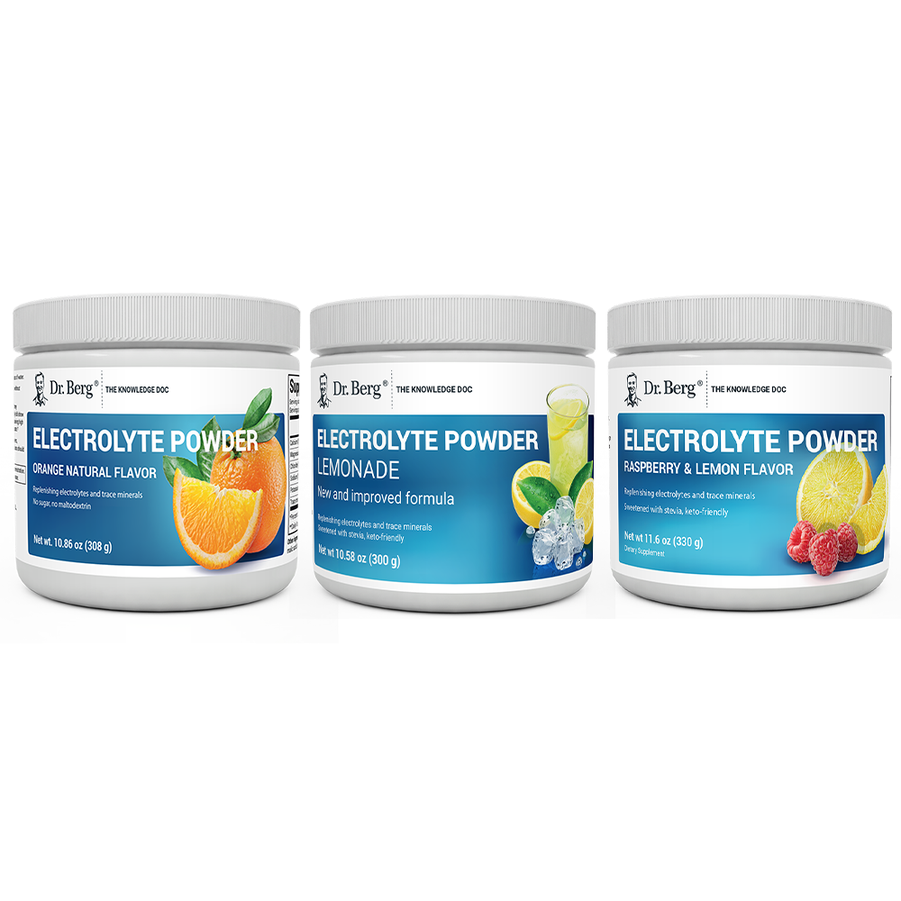 Dr. Berg's Electrolyte Bundle: 3 supplement bottles. 