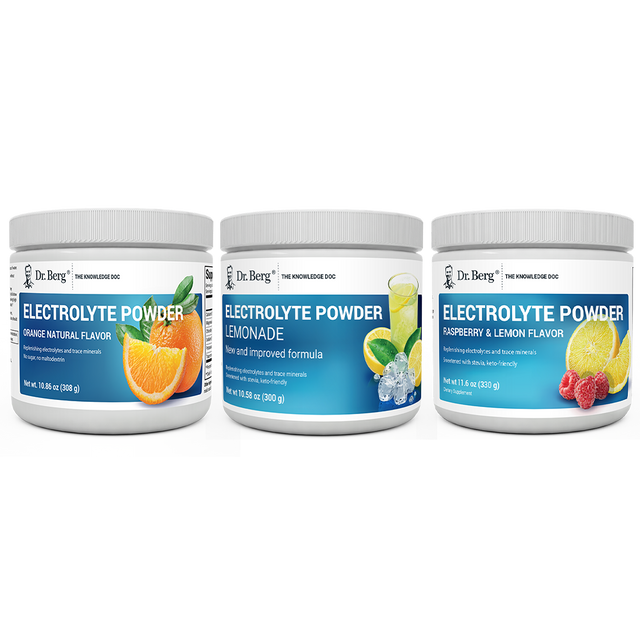 Dr. Berg's Electrolyte Bundle: 3 supplement bottles. 