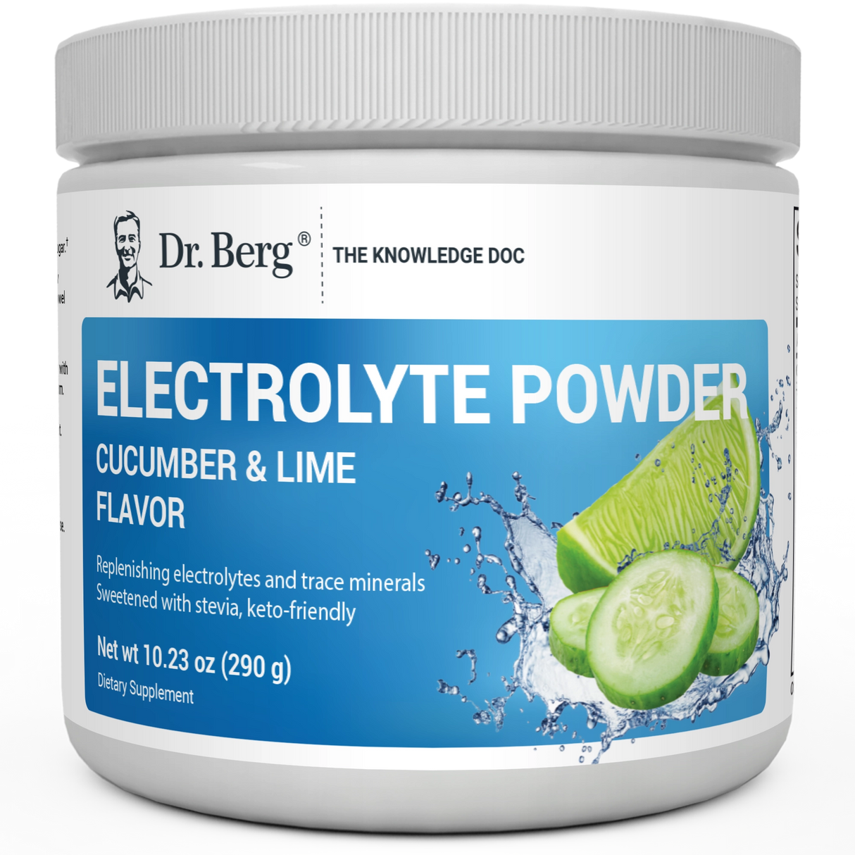 Electrolyte Powder, Cucumber and Lime Flavor, 50 Servings, 10.23 ounces, front view, Dr. Berg branding, cucumber and lime slices on the cover.